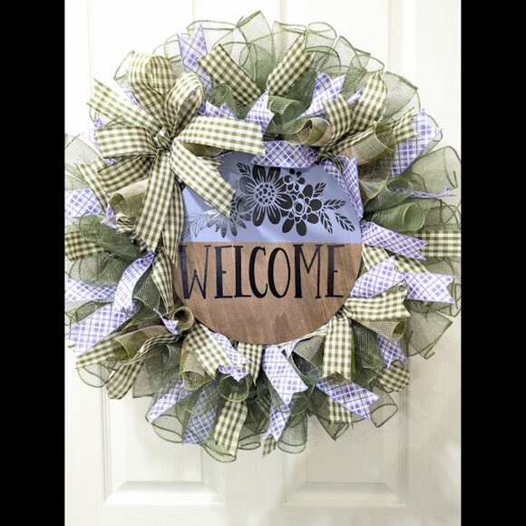 Welcome Wreath, Home Decor, Gift, Purple, Spring Decor, Door Hanger, Wreath - Picture 1 of 8